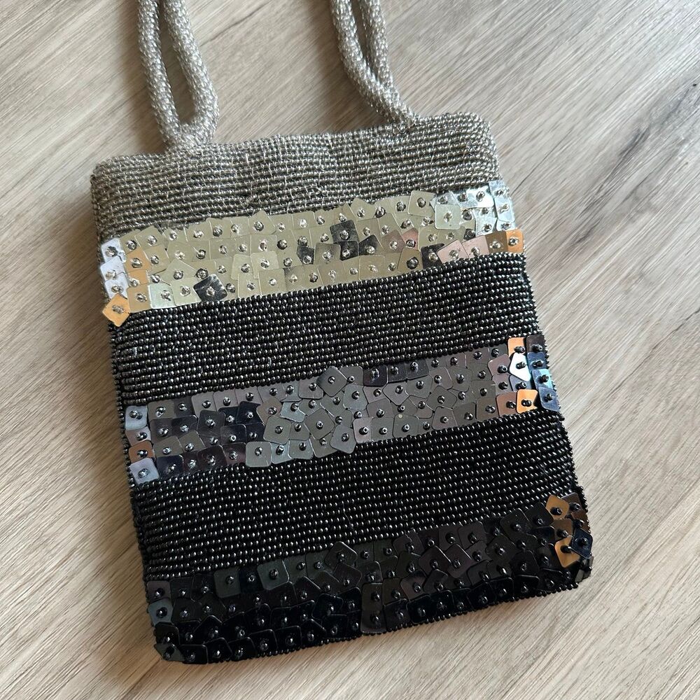 Fancy Square Sequin & Seed Beaded Handbag Shiny Black Gray Silver Satin Lining - Picture 3 of 6